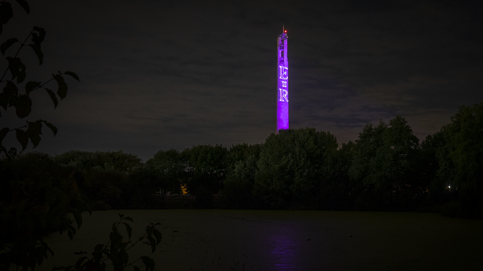 The National Lift Tower turned purple in tribute to the Queen