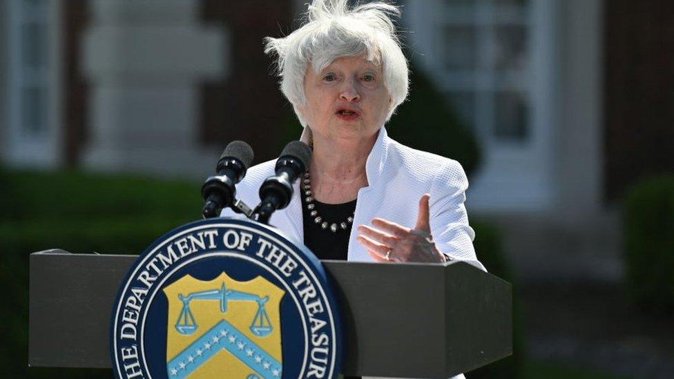 US Treasury Secretary Janet Yellen giving her speech at the G7 Finance Ministers' meeting in London on Saturday