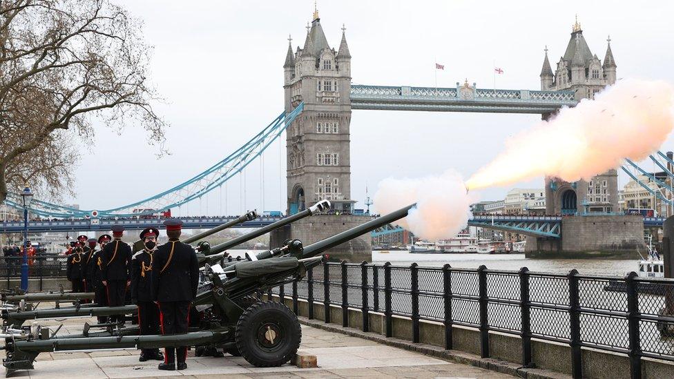 The Honourable Artillery Company fire a gun salute at The Tower of London on April 10, 2021 in London