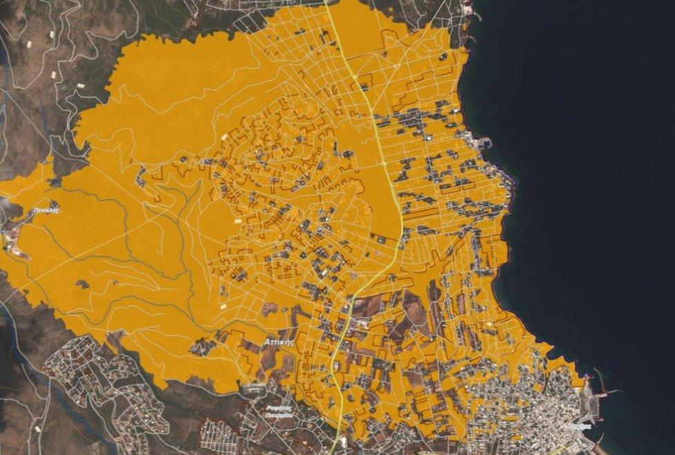 Copernicus satellite image of fire around Mati on 24 July