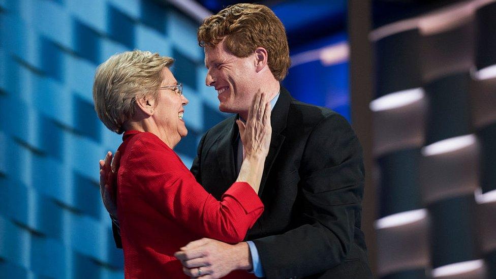 Joe Kennedy and Senator Elizabeth Warren at the Democratic National Convention in 2016