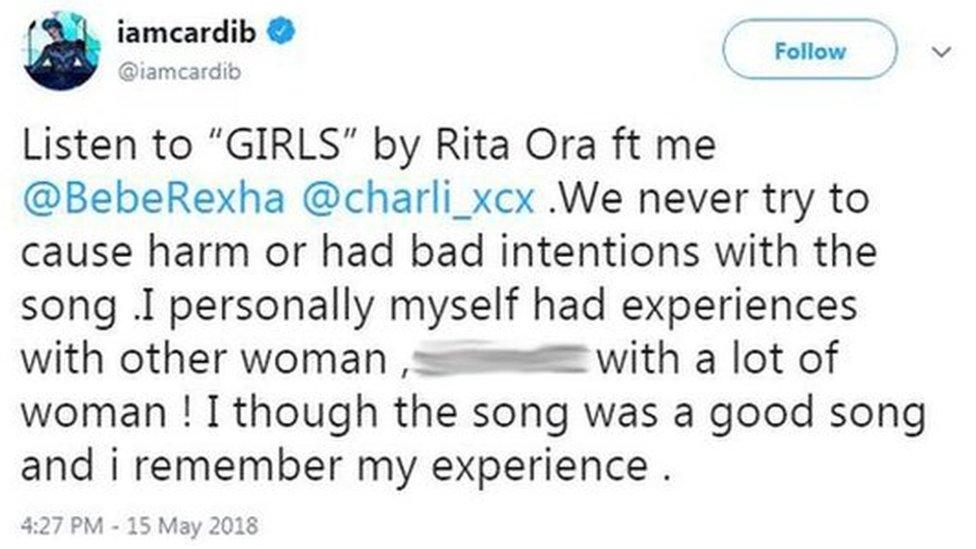 Cardi B's tweet saying: "Listen to 'Girls' by Rita Ora featuring me, Bebe Rexha, Charli XCX. We never try to cause harm or had bad intentions with the song. I personally myself had experiences with other woman, [expletive] with a lot of woman. I thought the song was a good song and I remember my experience."