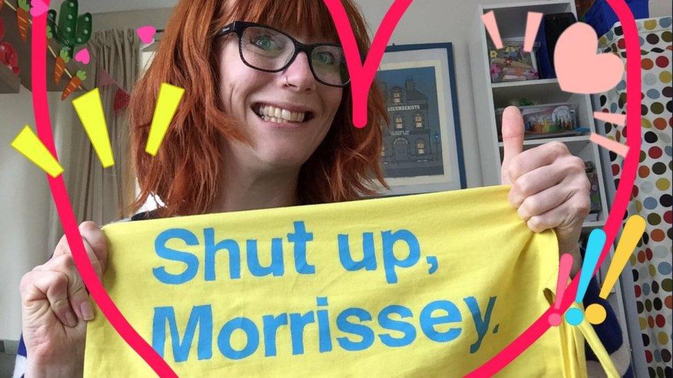 Verity Longley with Shut Up Morrissey bag