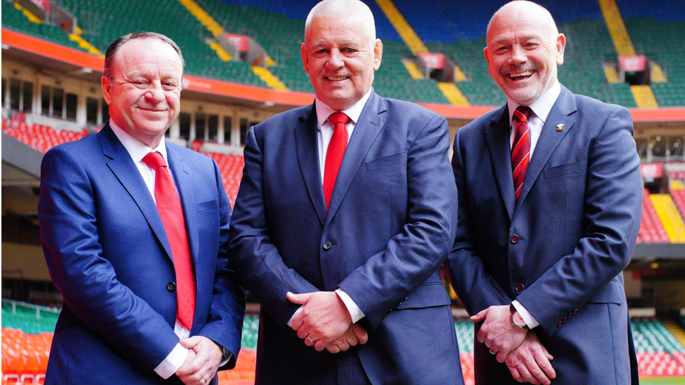 Former WRU chief executive Steve Phillips with Wales head coach Warren Gatland and chairman Ieuan Evan