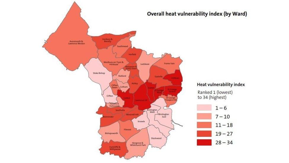 Map showing areas of Bristol colour coded from dark to light, showing areas more and less likely to be affected by future heatwaves.