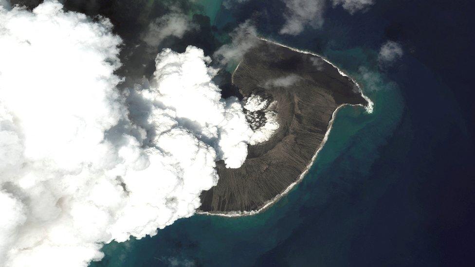 A satellite image shows the Hunga Tonga-Hunga Ha'apai volcano before its main eruption