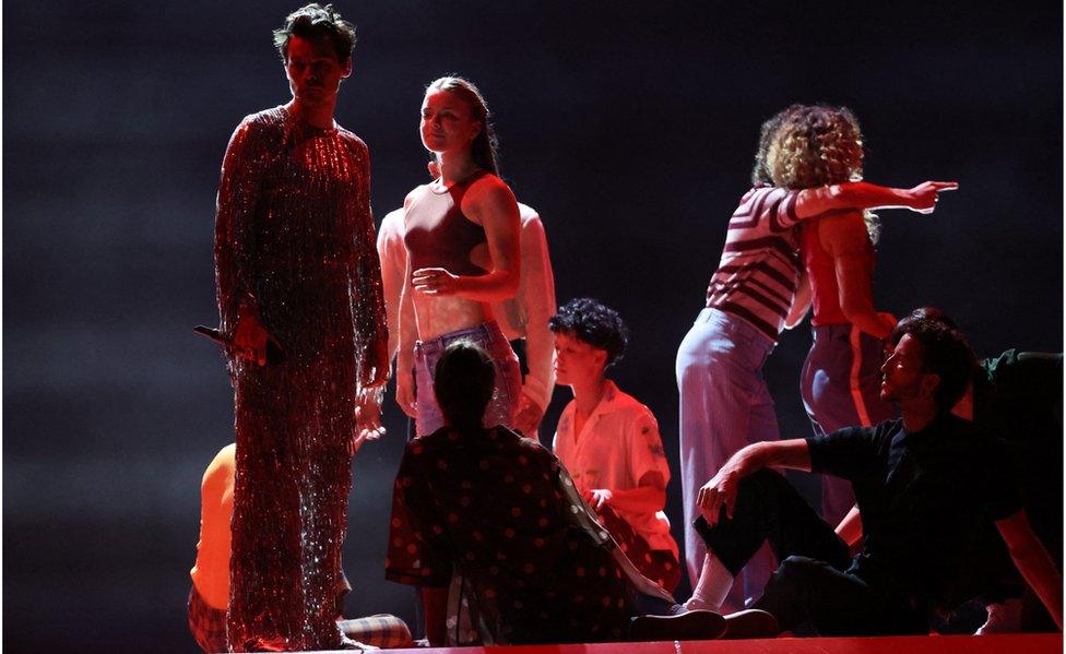 Harry Styles preparing for his performance at the 65th Annual Grammy Awards in Los Angeles, California, U.S.