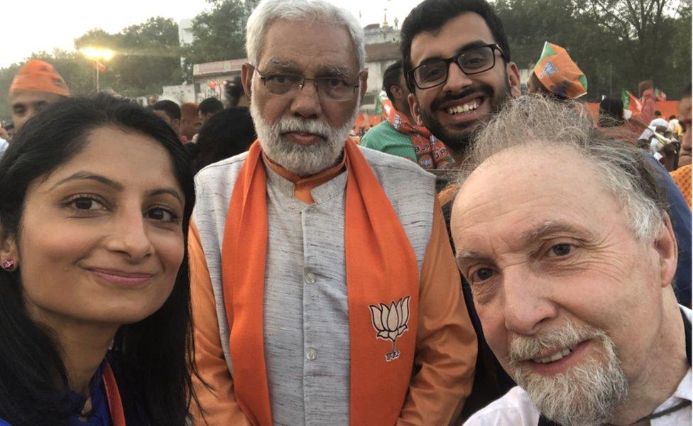 The BBC crew with Ranveer Dhiyam, a Modi lookalike