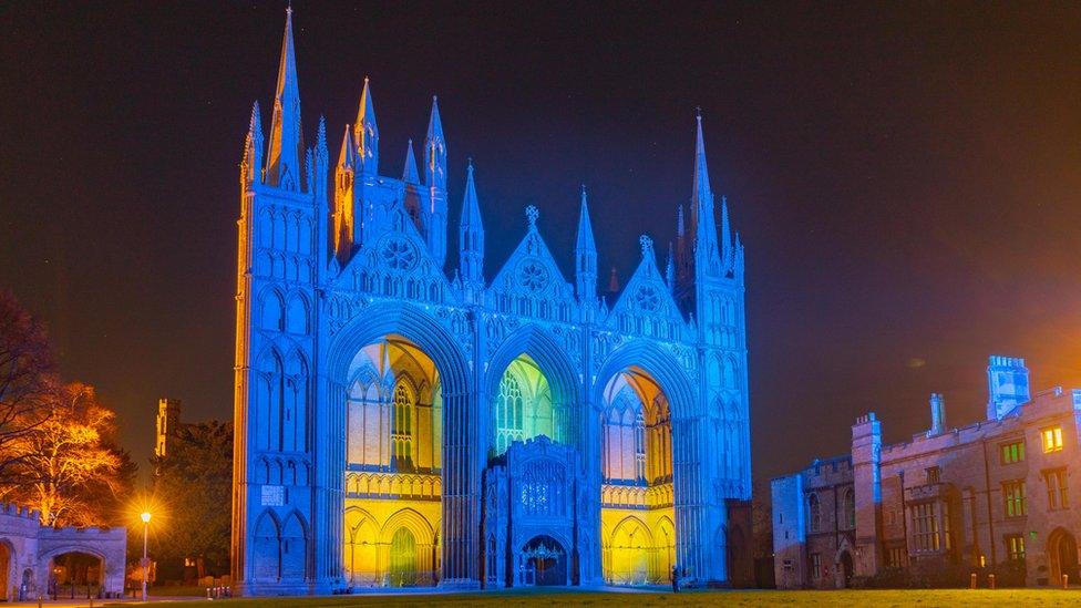 Peterborough Cathedral lit up in blue and yellow for Ukraine