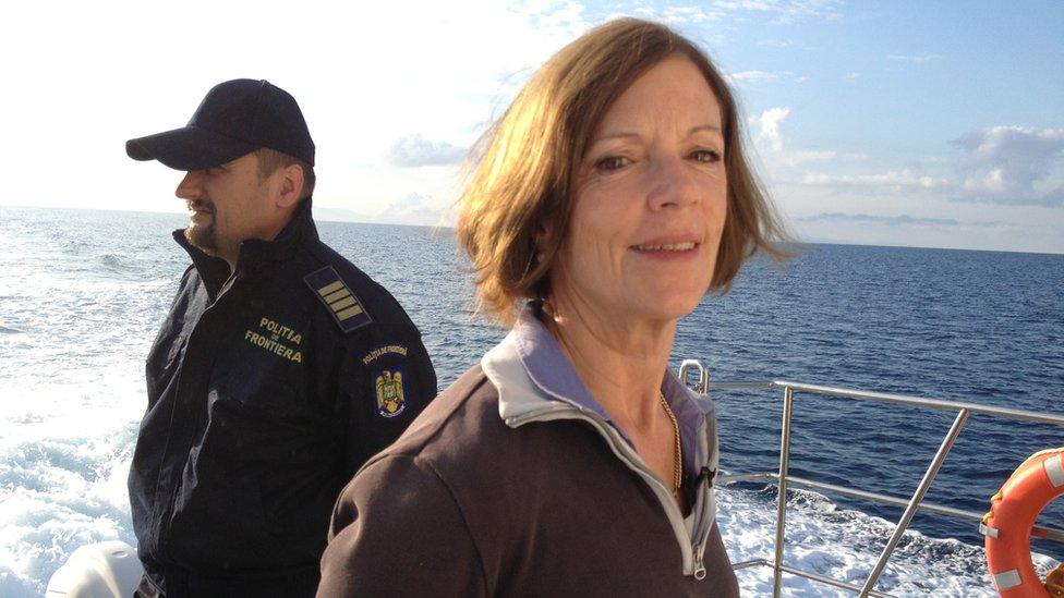 Sue Lloyd-Roberts with Frontex coast guard patrol on the Greek island of Lesbos
