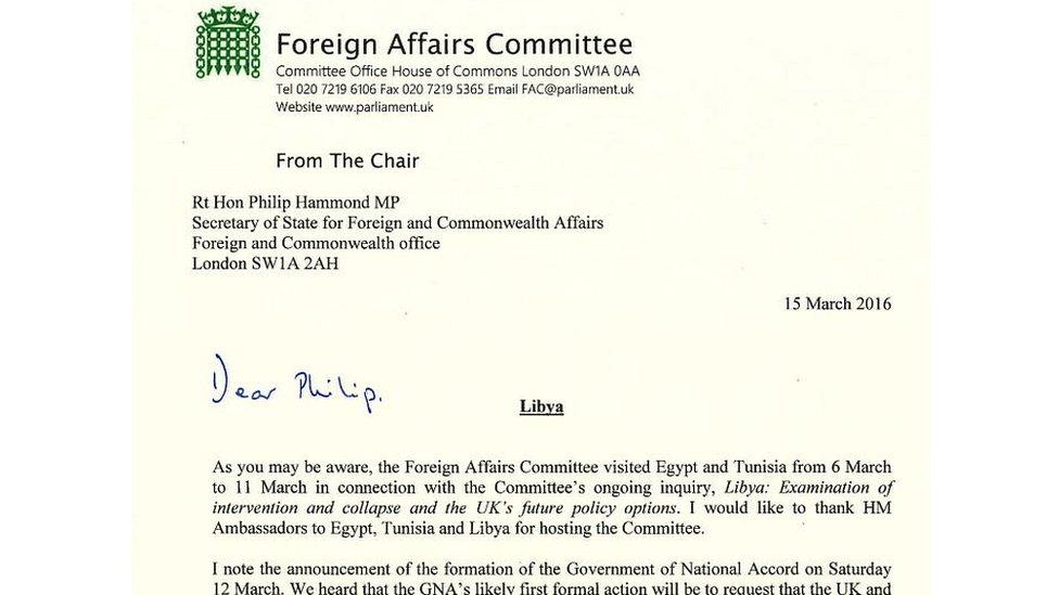 Extract from Foreign Affairs Committee letter