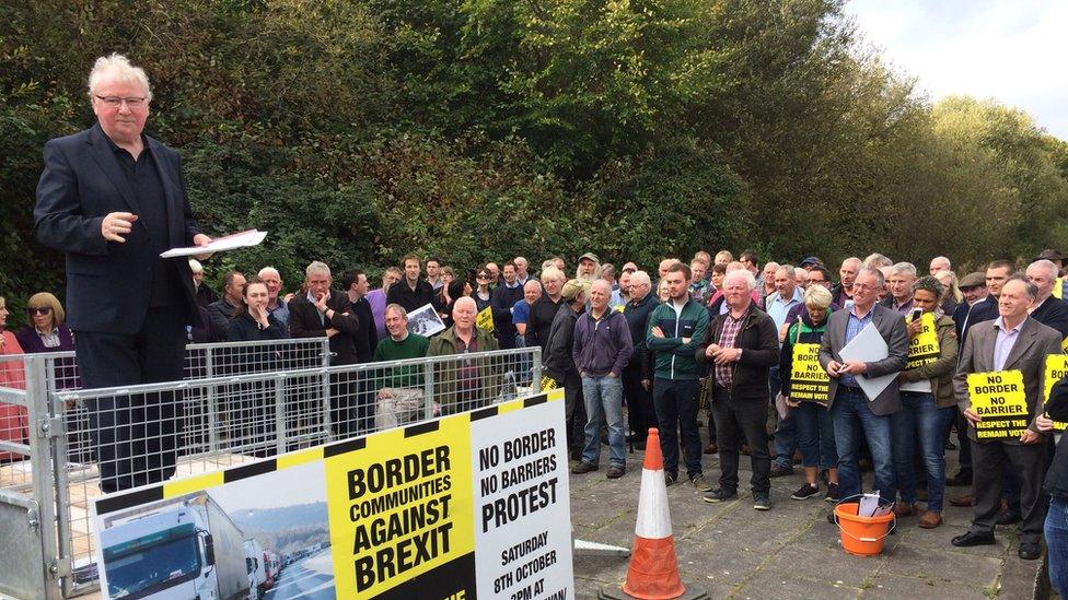 Local priest Fr Joe McVeigh addressed anti-Brexit protestors on the Fermanagh-Cavan border