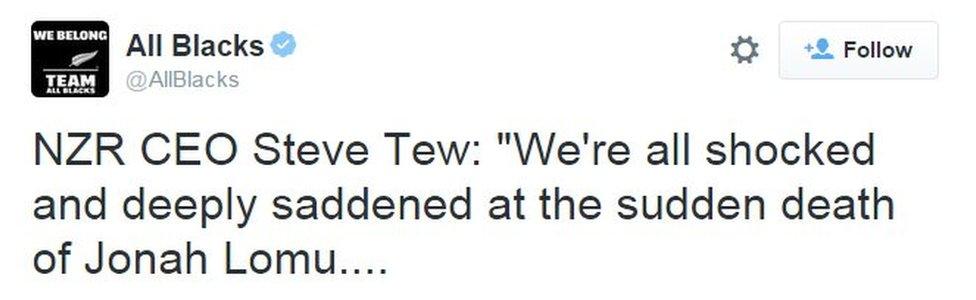 NZR CEO Steve Tew: "We're all shocked and deeply saddened at the sudden death of Jonah Lomu....