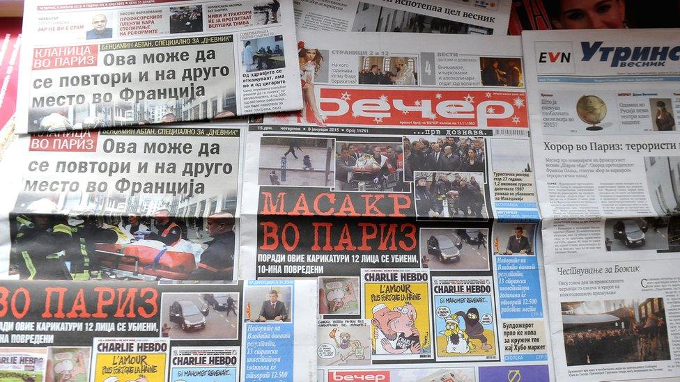 January 8, 2015 in Skopje, shows Macedonian newspapers frontpages bearing headlines on the attacks against French satirical weekly newspaper Charlie Hebdo which left 12 people dead