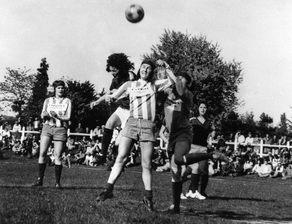 Rheims 6-0 Lyons, Women's Professional Football League match in France, 17th April 1974; Rose Reilly 19 from Stewart, Ayrshire jumps for the ball