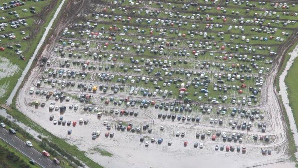 Flooded park and ride site for Festival No.6 in Porthmadog