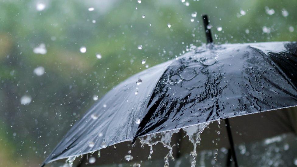 Rain soaking an umbrella