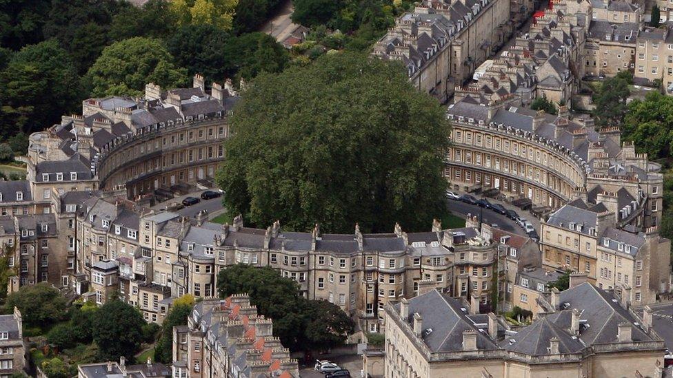 Aerial view of The Circus in the centre of Bath