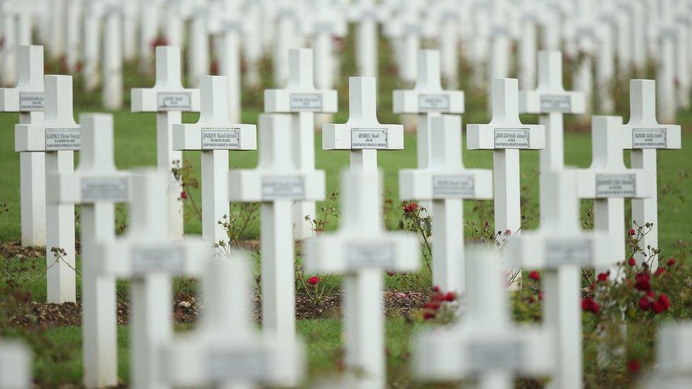 Crosses stand at the cemetery where French soldiers killed in the World War I Battle of Verdun are buried on August 27, 2014 near Verdun, France