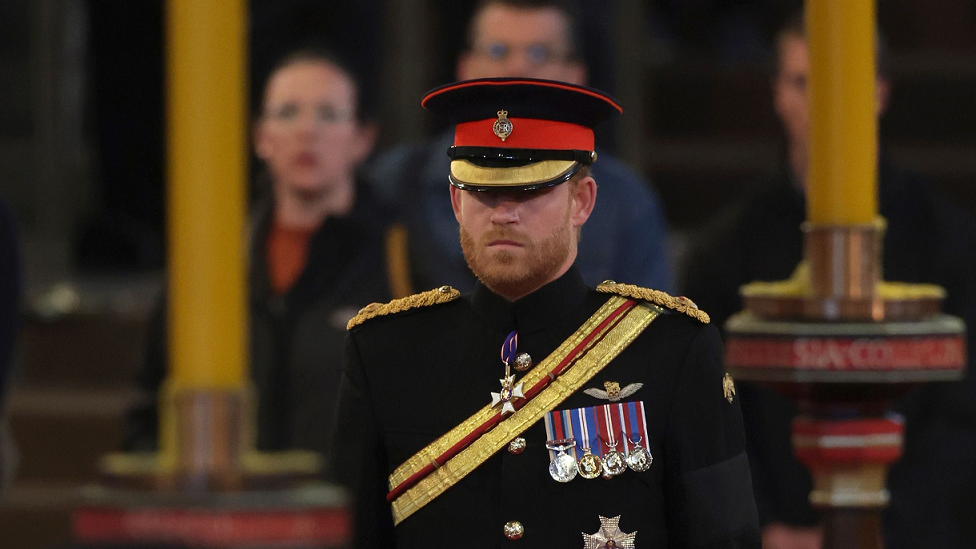 Prince Harry stood at the opposite end of the coffin to his brother, the Prince of Wales