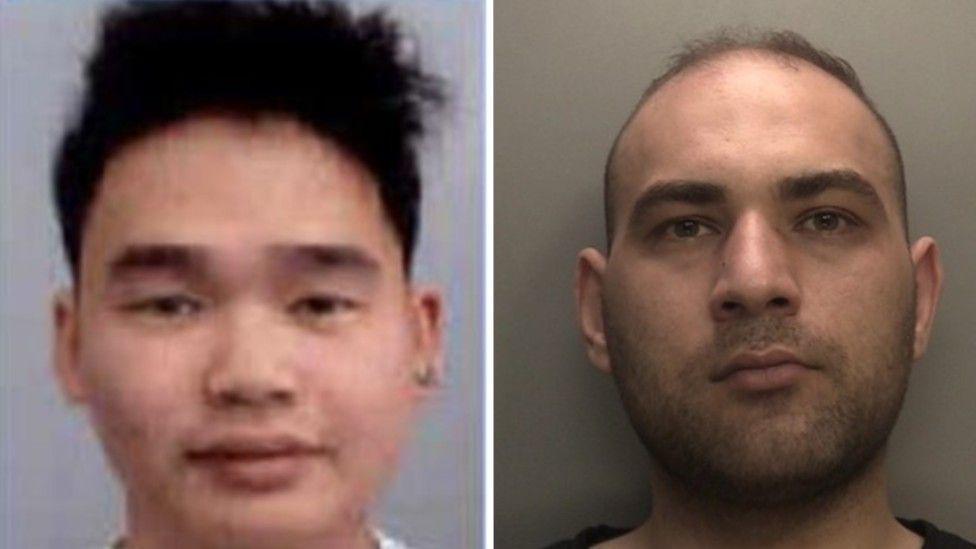 Mug shots of Yihao Feng and David Qayumi. Feng has dark hair and an earring in his left ear. Qayumi has dark short hair and dark stubble.