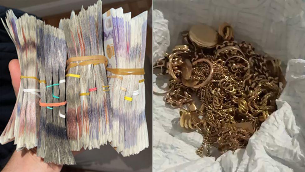 Bundles of cash (left) and gold (left) including rings bracelets and earrings seized by police in raids.