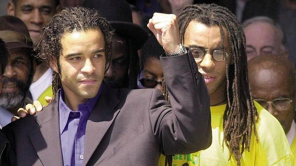 Raphael Rowe (left) and Michael Davis outside the High Court after their release 17 July 2000