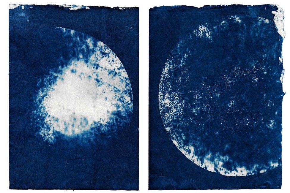 A cyanotype image by Marina Vitaglione showing an air pollution sample from Loampit Vale, Lewisham, South East London, and Drury Way, Wembley, North West London