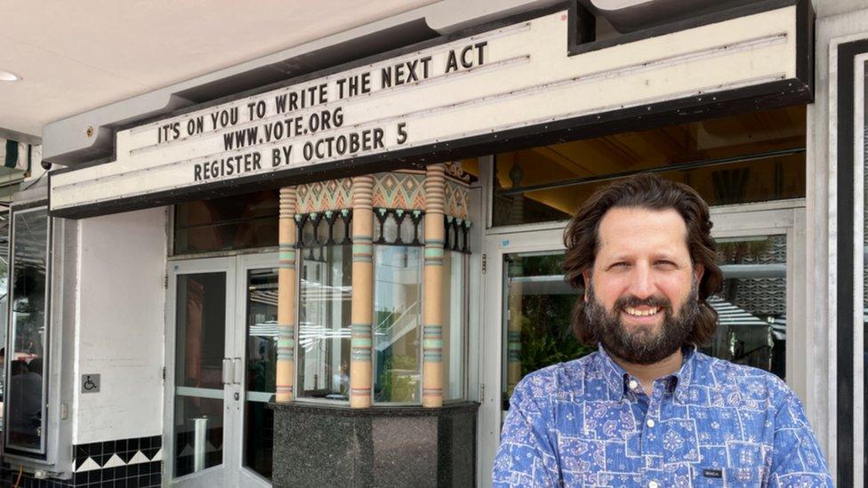 Michel Hausmann uses his Miami theatre signage to encourage people to vote