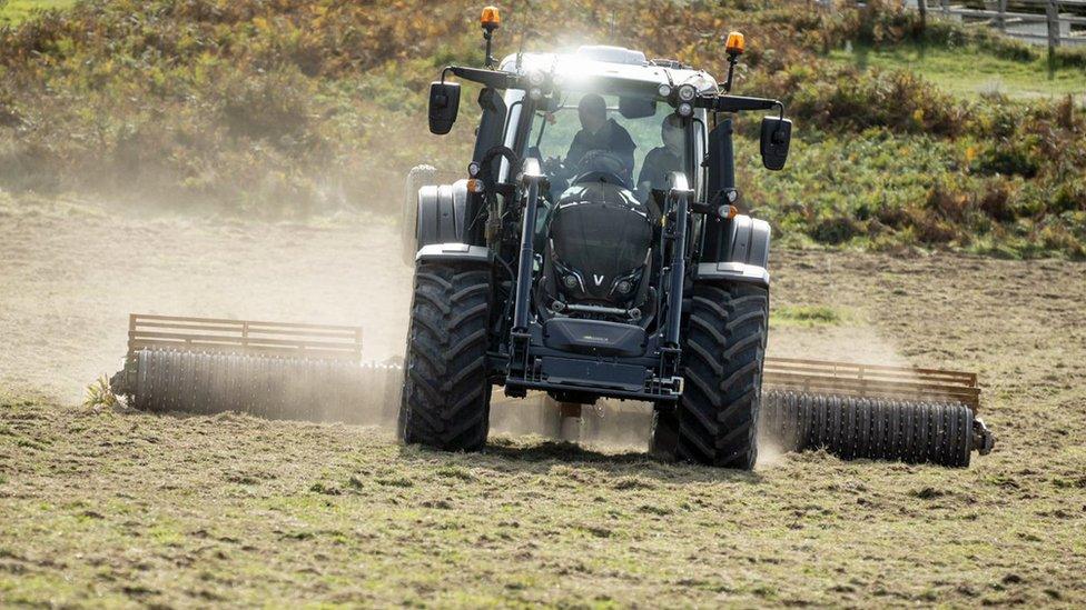 Tractor sowing seeds in north Devon