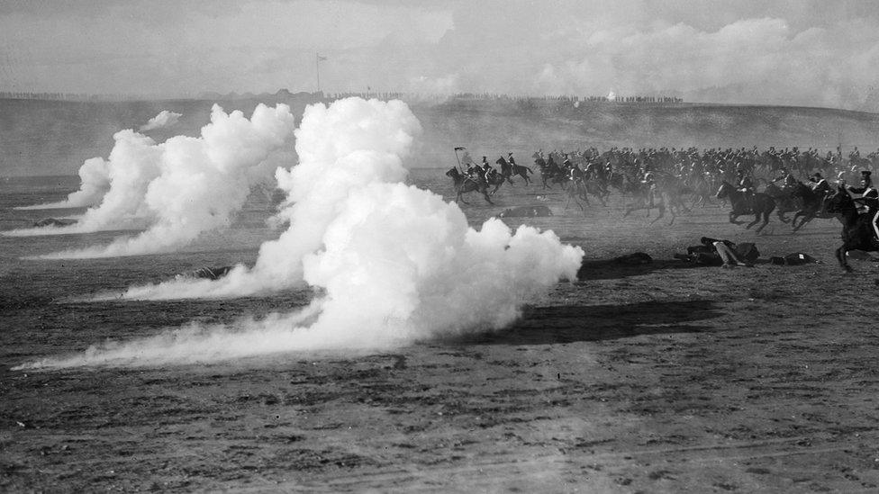 A reconstruction of the Charge of the Light Brigade being filmed at Aldershot for the British silent film 'Balaclava'