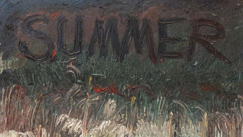 Dark colours on a canvas with the word 'summer' written in paint