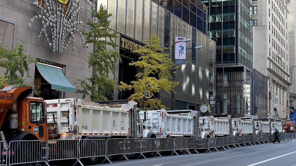 Trucks in front of Trump Tower