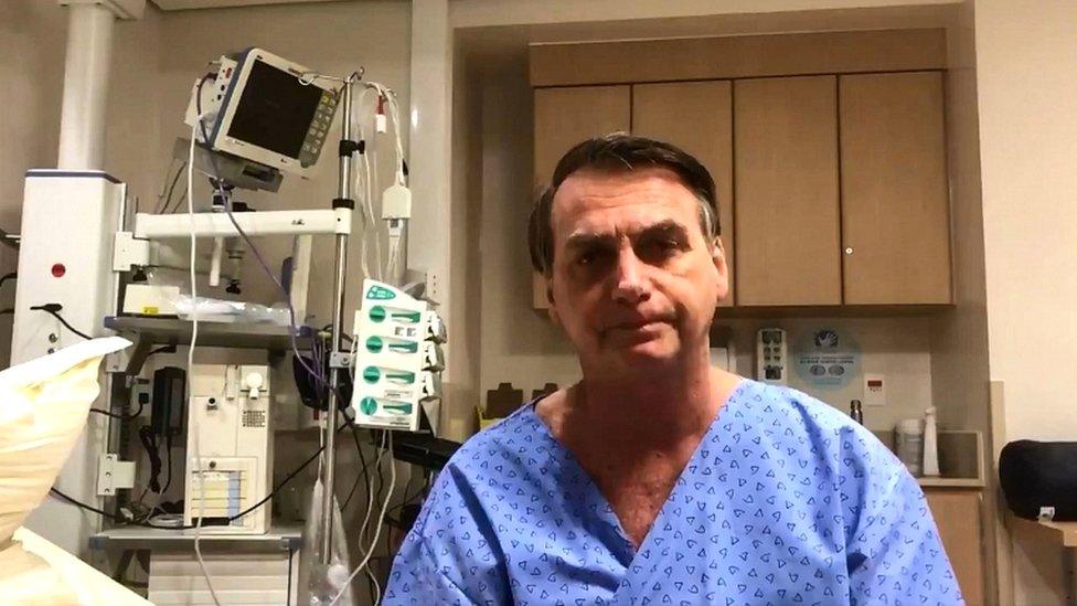 Brazil's President Jair Bolsonaro speaking before undergoing surgery to remove a colostomy bag at the Albert Einstein Hospital in Sao Paulo, Brazil, on 27 January 2019