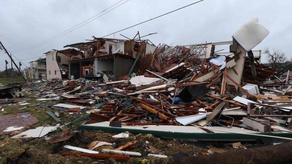 Damage to a two-storey apartment building after Hurricane Harvey hit Rockport, Texas (26 August 2017)