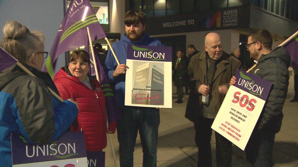 Protestors outside the public consultation in Ards