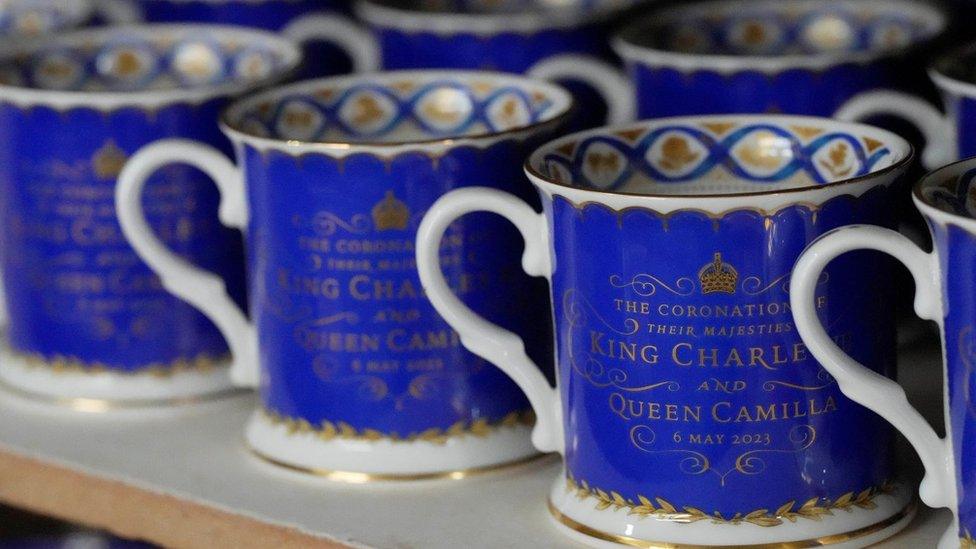 The official chinaware sits on a shelf in a pottery in Stoke-on-Trent,