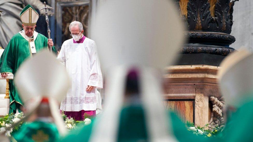 Pope Francis leads a mass for the Synod of Bishops opening at St Peter’s Basilica on October 10, 2021 in Vatican City, Vatican