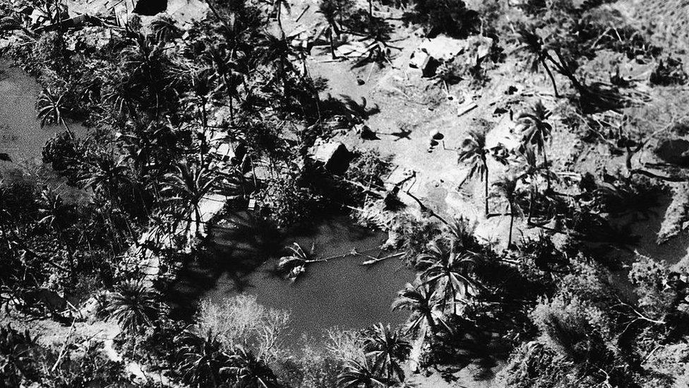 Aerial view of a village on the island of Bhola devastated by the tropical cyclone and tidal wave which hit the area on November 13, 1970,