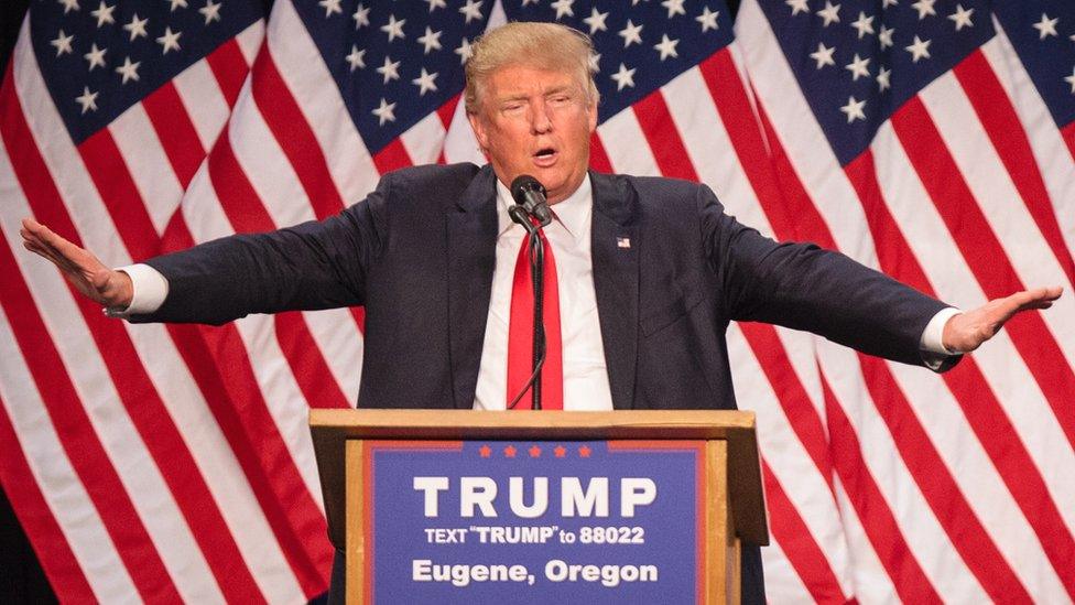 Donald Trump talks in Oregon.