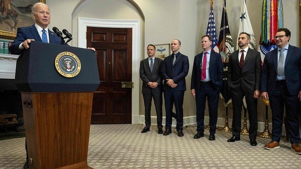 US President Joe Biden speaks about artificial intelligence in the Roosevelt Room of the White House in Washington, DC, on July 21st with the CEOs of various AI companies