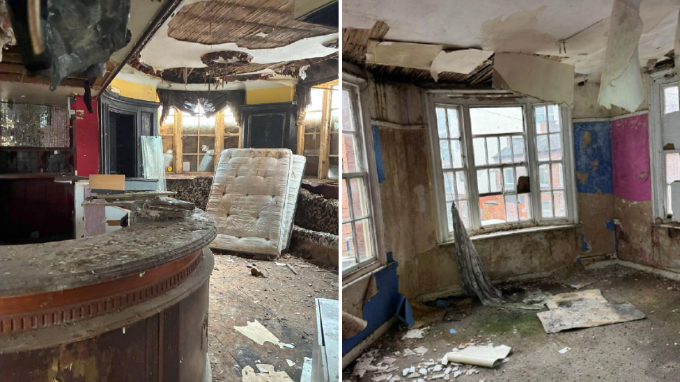 A composite image of the decayed interior of a pub