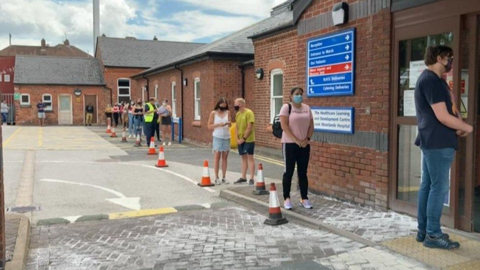 People queueing for vaccinations at Moorlands Hospital on Monday