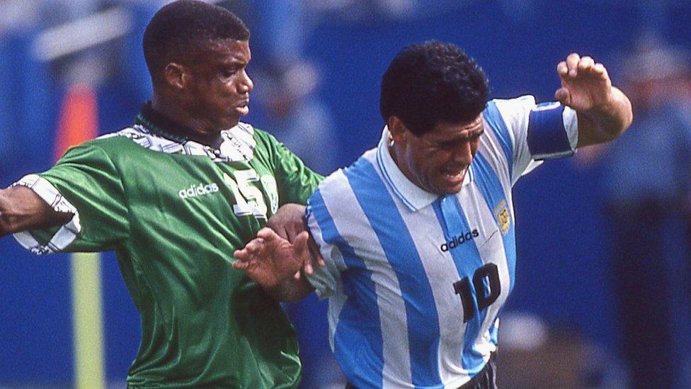 Sunday Oliseh tangles with Diego Maradona in the Argentina-Nigeria Group D match at USA '94