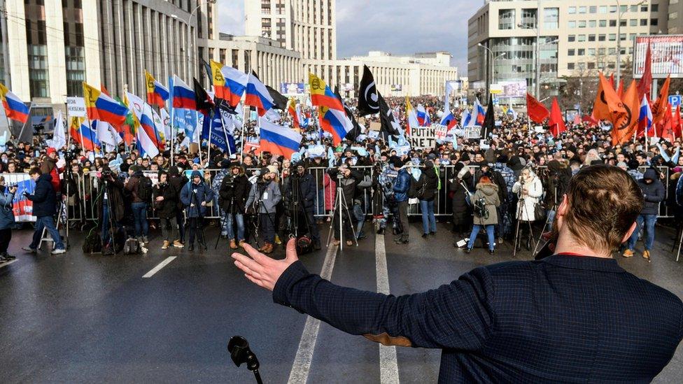 People attend an opposition rally in central Moscow on March 10, 2019, to demand internet freedom in Russia