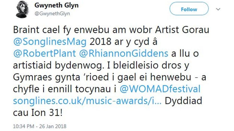 Cyfrif Twitter Gwyneth Glyn