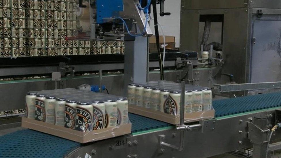 Packs of beer cans on a production line conveyor belt