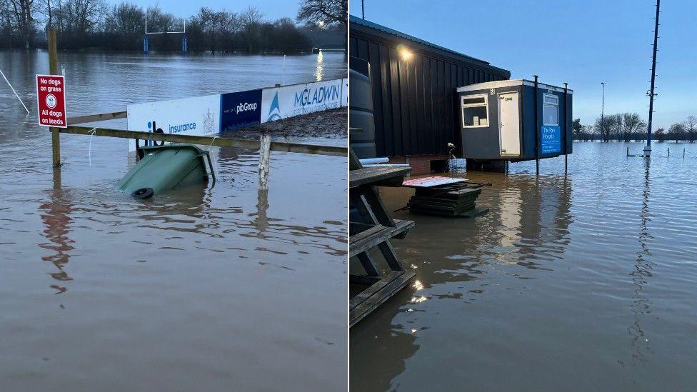 Composite image with a wheelie bin floating in water but secured to a fence, and a temporary cabin building raised up on metal legs