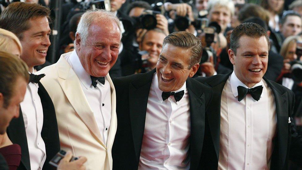 Jerry Weintraub with Brad Pitt (l), George Clooney and Matt Damon in 2007