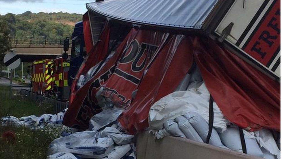 An overturned lorry on the A470